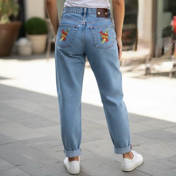 Pepe Jeans Denim - Vintage Rare Pepe Jeans Tattoo Red Heart Dagger Embroidered Y2K 90s High Waisted
